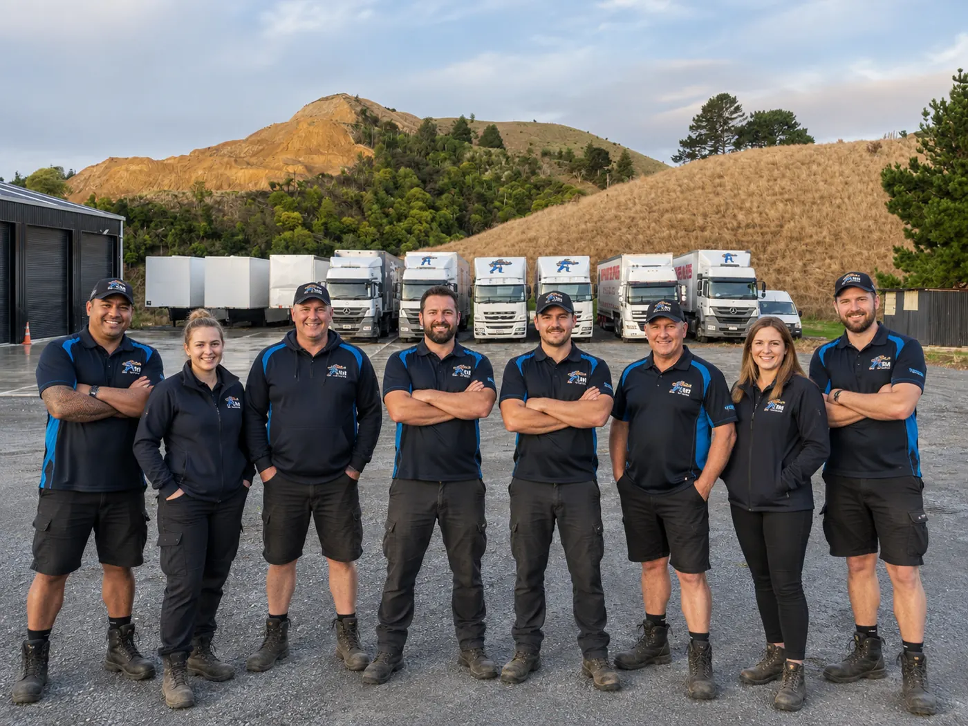 The KFM Logistics Group team standing in front of their trucks at the Hamilton yard